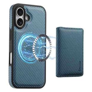 For iPhone 16 Denior Carbon Fiber Texture Leather Card Bag MagSafe Phone Case(Blue)