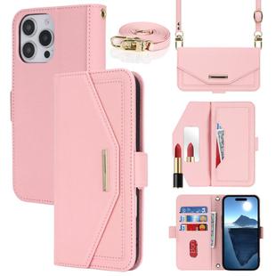 For iPhone 16 Pro Max Cross Texture Crossbody Lanyard Leather Phone Case(Pink)