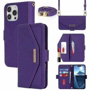 For iPhone 16 Pro Cross Texture Crossbody Lanyard Leather Phone Case(Purple)