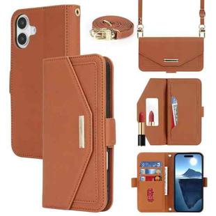 For iPhone 16 Plus Cross Texture Crossbody Lanyard Leather Phone Case(Brown)