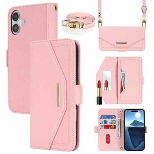 For iPhone 16 Cross Texture Crossbody Lanyard Leather Phone Case(Pink)