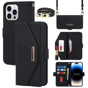 For iPhone 15 Pro Max Cross Texture Crossbody Lanyard Leather Phone Case(Black)