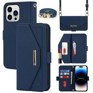 For iPhone 15 Pro Max Cross Texture Crossbody Lanyard Leather Phone Case(Blue)