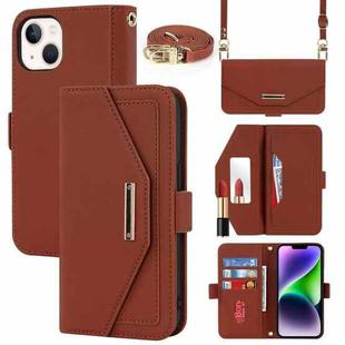 For iPhone 15 Plus Cross Texture Crossbody Lanyard Leather Phone Case(Brown)