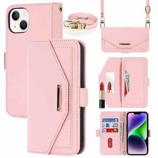 For iPhone 15 Plus Cross Texture Crossbody Lanyard Leather Phone Case(Pink)