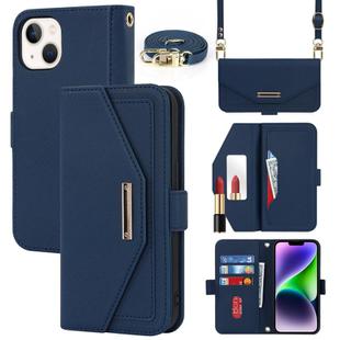 For iPhone 15 Cross Texture Crossbody Lanyard Leather Phone Case(Blue)