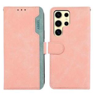 For Samsung Galaxy S25 Ultra 5G ABEEL Color Block Magnetic RFID Leather Phone Case(Pink-Cyan)