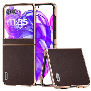 For Motorola Razr 50 ABEEL Electroplated Frame Genuine Leather Elegant Phone Case(Coffee)