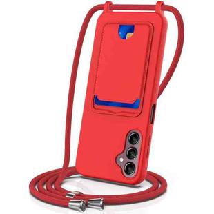 For Samsung Galaxy S24 FE 5G Integrated Card Bag Solid Color Liquid Silicone Phone Case with Lanyard(Red)