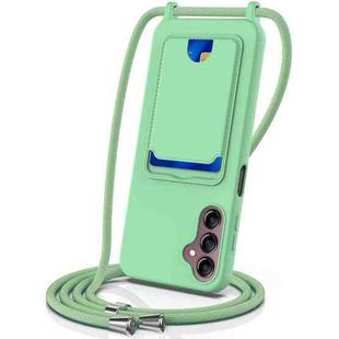 For Samsung Galaxy S24 FE 5G Integrated Card Bag Solid Color Liquid Silicone Phone Case with Lanyard(Green)