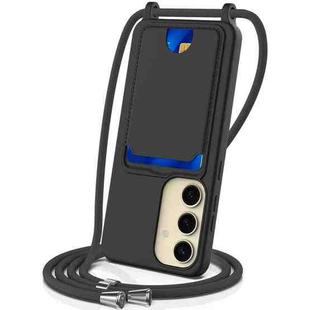 For Samsung Galaxy S25 5G Integrated Card Bag Solid Color Liquid Silicone Phone Case with Lanyard(Black)