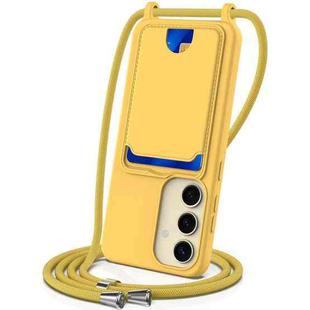 For Samsung Galaxy S25 5G Integrated Card Bag Solid Color Liquid Silicone Phone Case with Lanyard(Yellow)