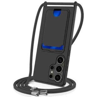 For Samsung Galaxy S25 Ultra 5G Integrated Card Bag Solid Color Liquid Silicone Phone Case with Lanyard(Black)