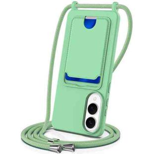 For Samsung Galaxy S25 Edge 5G Integrated Card Bag Solid Color Liquid Silicone Phone Case with Lanyard(Green)