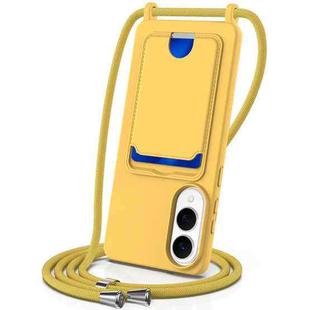 For Samsung Galaxy S25 Edge 5G Integrated Card Bag Solid Color Liquid Silicone Phone Case with Lanyard(Yellow)