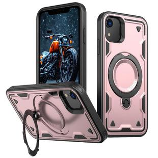 For iPhone XR PC Hybrid TPU Armor MagSafe Holder Phone Case(Rose Gold)