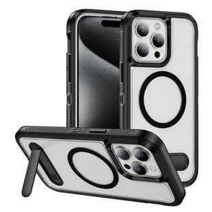 For iPhone 15 Pro Max Guard MagSafe Holder Matte PC Hybrid TPU Phone Case(Black Transparent)