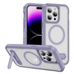 For iPhone 14 Pro Guard MagSafe Holder Matte PC Hybrid TPU Phone Case(Purple Transparent)