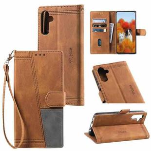 For Samsung Galaxy S25+ 5G TTUDRCH Embossed Line Splicing Leather Phone Case(Brown)