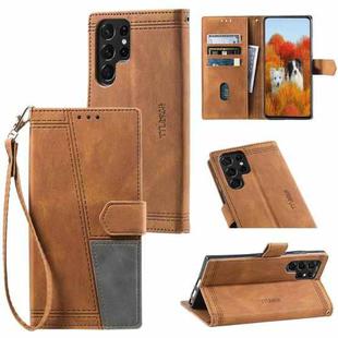 For Samsung Galaxy S25 Ultra 5G TTUDRCH Embossed Line Splicing Leather Phone Case(Brown)