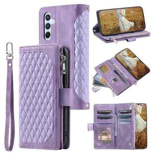 For Samsung Galaxy S25 5G Grid Texture Zipper Leather Phone Case with Lanyard(Purple)
