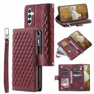 For Samsung Galaxy S25+ 5G Grid Texture Zipper Leather Phone Case with Lanyard(Wine Red)