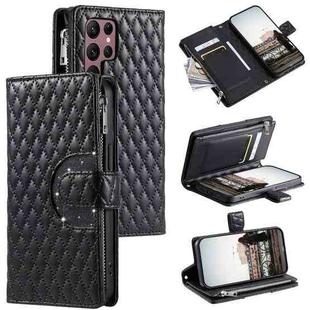 For Samsung Galaxy S25 Ultra 5G Glitter Lattice Zipper Wallet Leather Phone Case(Black)
