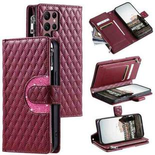 For Samsung Galaxy S25 Ultra 5G Glitter Lattice Zipper Wallet Leather Phone Case(Wine Red)