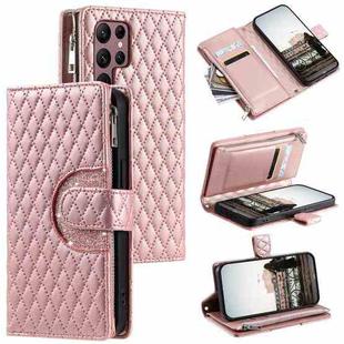 For Samsung Galaxy S25 Ultra 5G Glitter Lattice Zipper Wallet Leather Phone Case(Rose Gold)