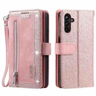 For Samsung Galaxy S25+ 5G Nine Card Zipper Bag Leather Phone Case with Lanyard(Pink)