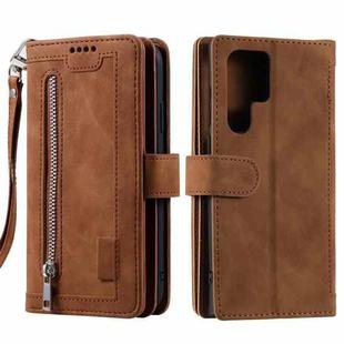 For Samsung Galaxy S25 Ultra 5G Nine Card Zipper Bag Leather Phone Case with Lanyard(Brown)
