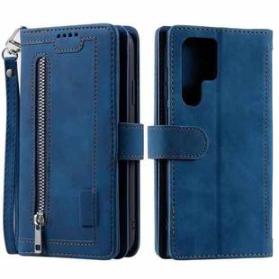 For Samsung Galaxy S25 Ultra 5G Nine Card Zipper Bag Leather Phone Case with Lanyard(Blue)