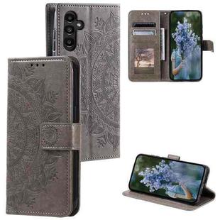 For Samsung Galaxy S25 FE 5G Totem Flower Embossed Leather Phone Case with Lanyard(Grey)