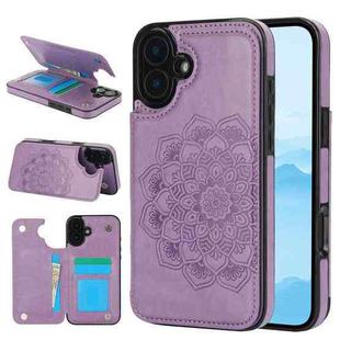 For iPhone 16 Double Buckle Mandala Leather Wallet Back Cover Phone Case(Purple)