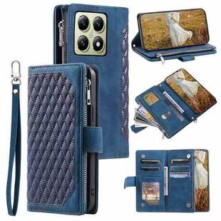 For Xiaomi 14T Grid Texture Zipper Leather Phone Case with Lanyard(Blue)