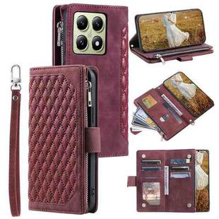 For Xiaomi 14T Grid Texture Zipper Leather Phone Case with Lanyard(Wine Red)