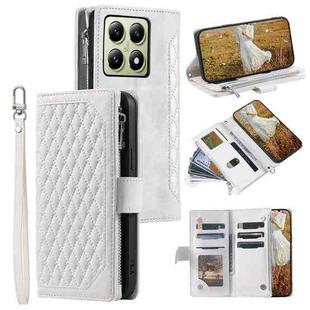 For Xiaomi 14T Grid Texture Zipper Leather Phone Case with Lanyard(White)