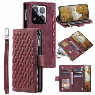 For Xiaomi 15 Pro Grid Texture Zipper Leather Phone Case with Lanyard(Wine Red)