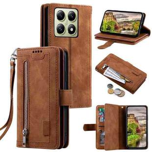 For Xiaomi 14T Nine Card Zipper Bag Leather Phone Case with Lanyard(Brown)