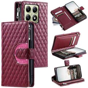 For Xiaomi 14T Glitter Lattice Zipper Wallet Leather Phone Case(Wine Red)