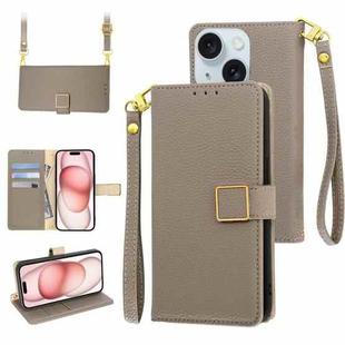 For iPhone 15 Plus Crossbody Litchi Texture Square Buckle Leather Phone Case(Brown)