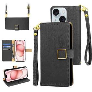 For iPhone 15 Plus Crossbody Litchi Texture Square Buckle Leather Phone Case(Black)