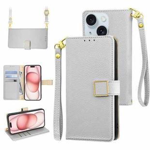 For iPhone 15 Crossbody Litchi Texture Square Buckle Leather Phone Case(Silver)