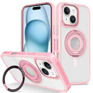 For iPhone 15 Plus Skin Feel Matte 360 Degree Rotating Silicone Ring Holder Phone Case(Pink)