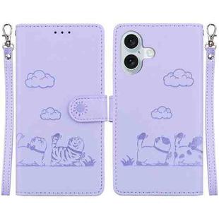 For iPhone 16 Plus Cute Cats RFID Leather Phone Case(Purple)