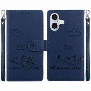 For iPhone 16 Plus Cute Cats RFID Leather Phone Case(Blue)