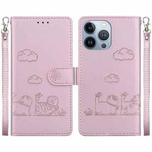 For iPhone 15 Pro Max Cute Cats RFID Leather Phone Case(Rose Gold)