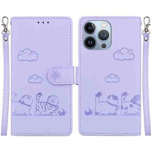 For iPhone 15 Pro Max Cute Cats RFID Leather Phone Case(Purple)