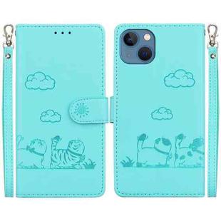 For iPhone 15 Plus Cute Cats RFID Leather Phone Case(Green)