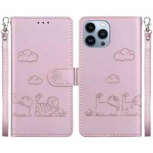 For iPhone 13 Pro Max Cute Cats RFID Leather Phone Case(Rose Gold)